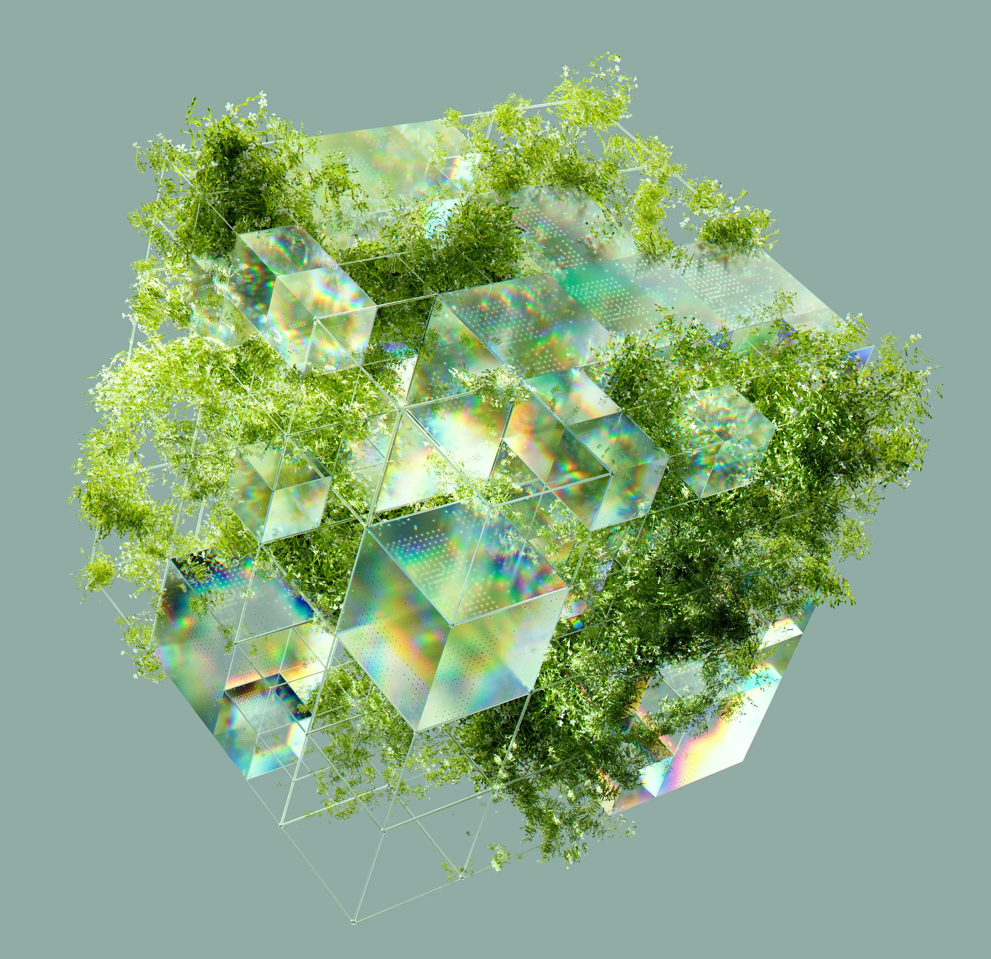 Conjunto de cubos transparentes tecnológicos aglomerados com plantas a nascerem, simbolizando a união entre tecnologia e sustentabilidade.