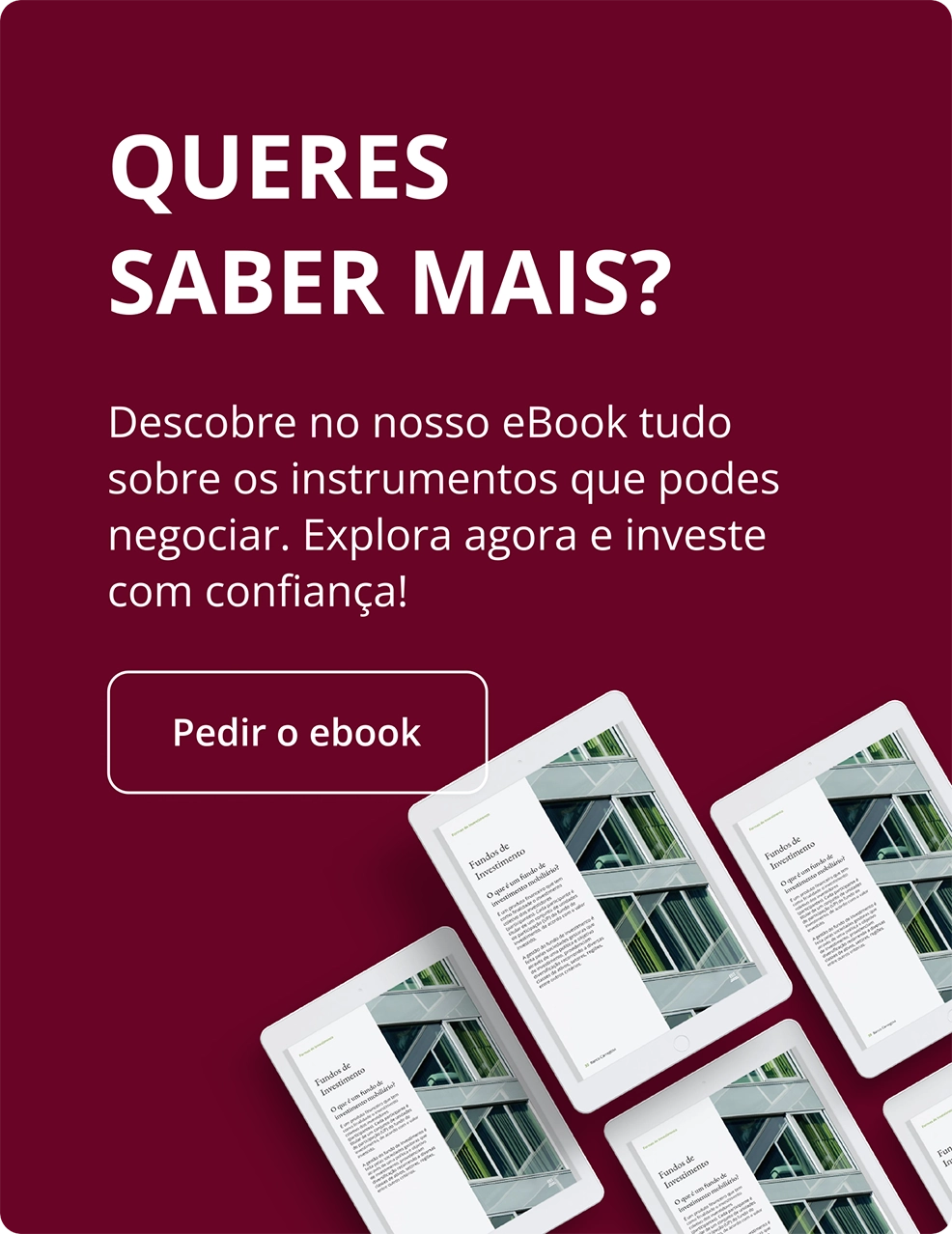 Vários tablets com eBook aberto sobre investimentos, promovendo o acesso a informação e confiança para investir na NextGen.