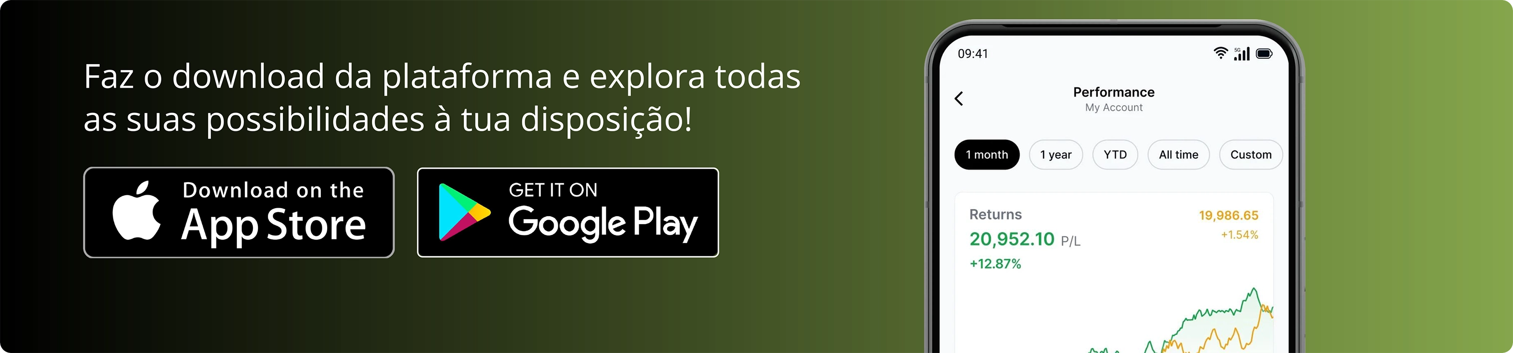 Ecrã de telemóvel com aplicação de investimentos NextGen aberta, destacando o download da plataforma para explorar oportunidades financeiras.
