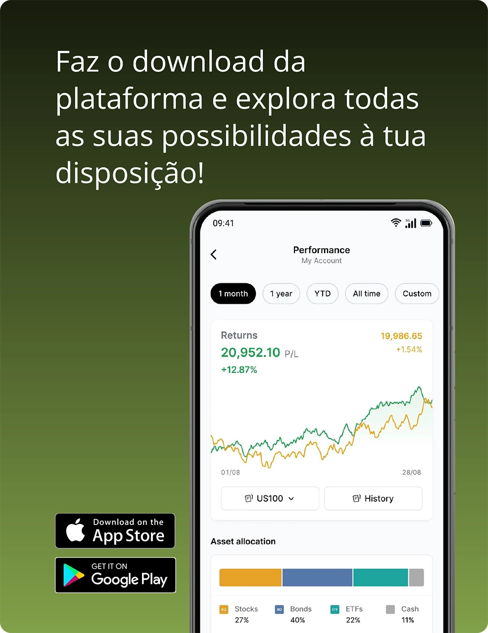 Ecrã de telemóvel com aplicação de investimentos NextGen aberta, destacando o download da plataforma para explorar oportunidades financeiras.