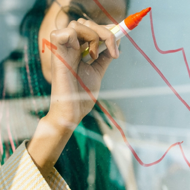 Senhora a desenhar um gráfico, simbolizando o planeamento e os fundamentos do investimento, apresentados no Capítulo I.