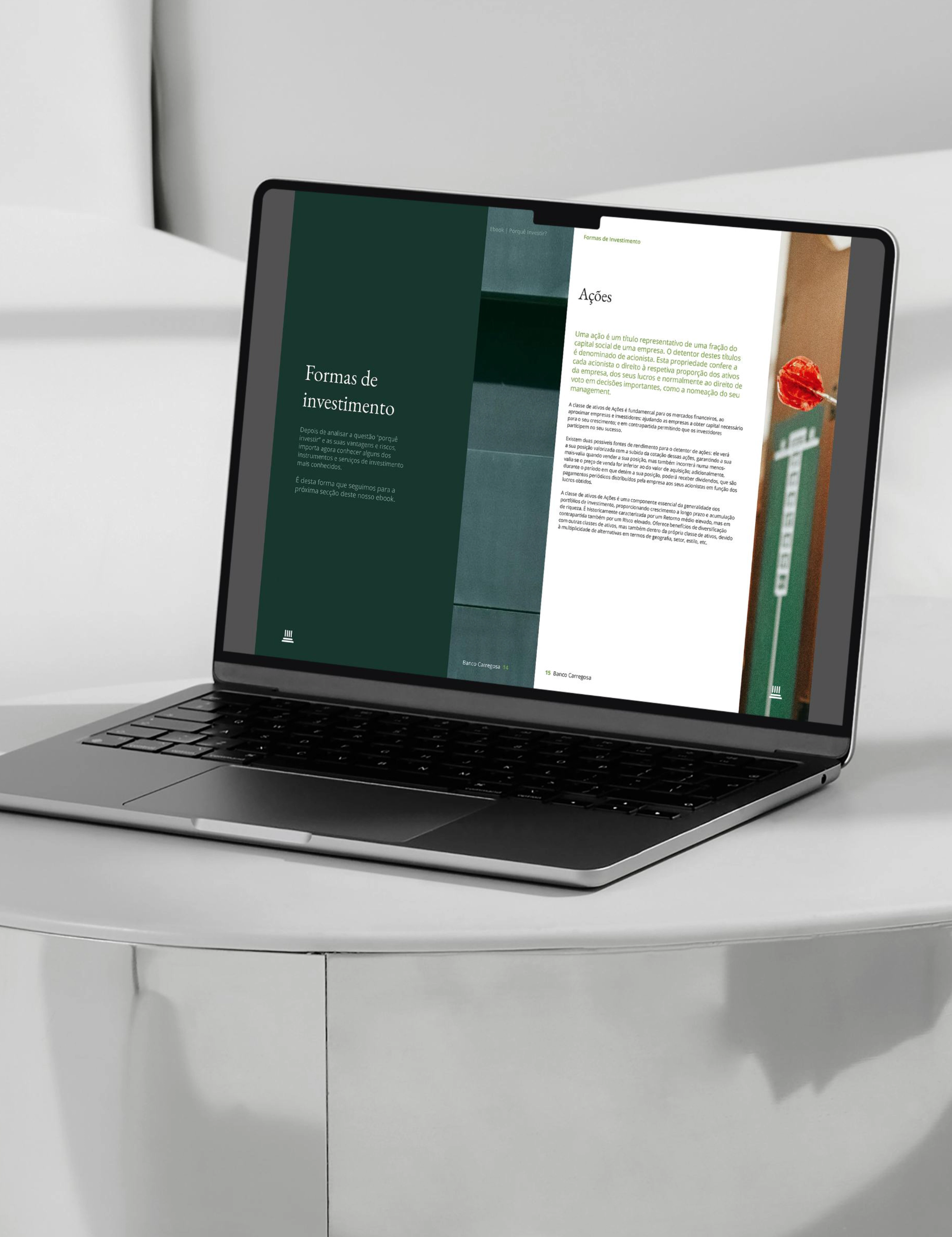 Ecrã de portátil exibindo texto sobre ações como forma de investimento, com design moderno e apelativo, parte de um ebook que explica produtos financeiros.
