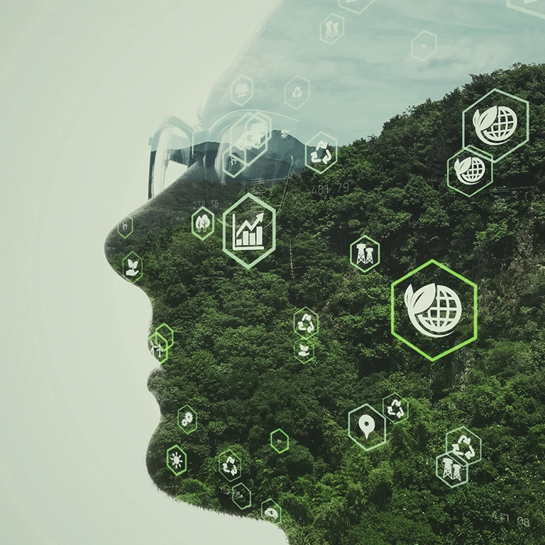 Perfil de uma pessoa com sobreposição de uma floresta e de icons alusivos a sustentabilidade
