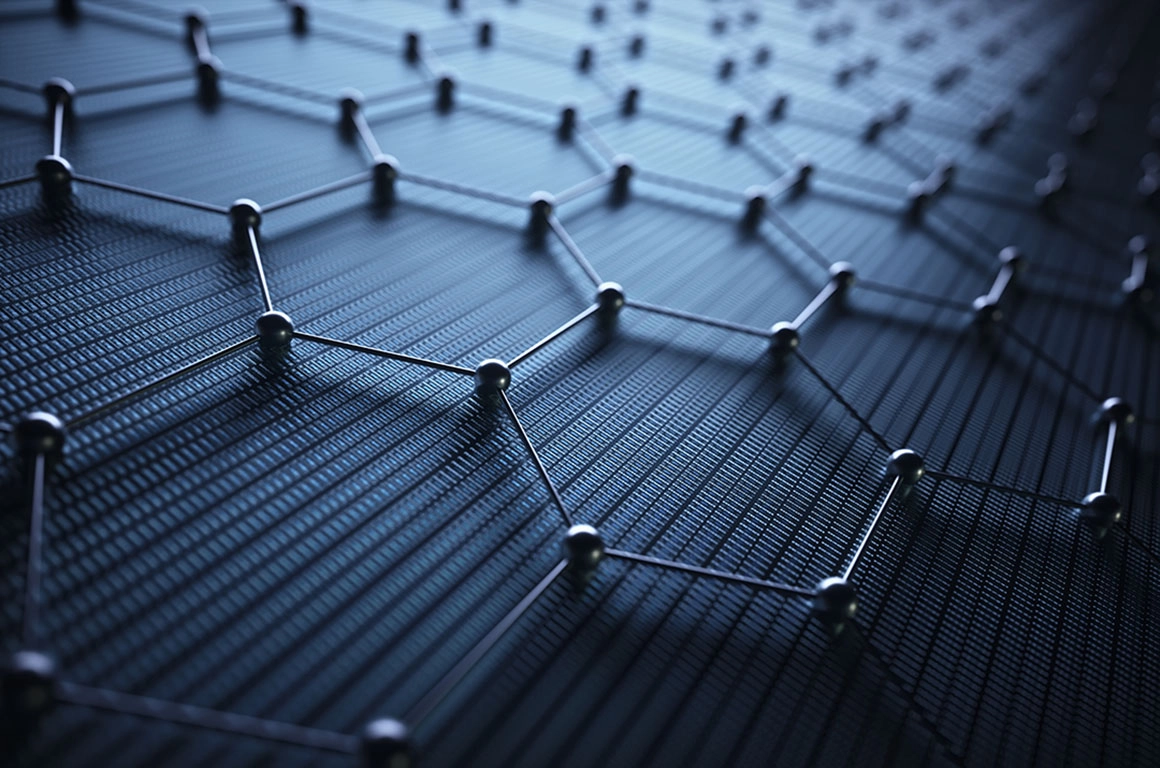 Network resembling an atom network, symbolizing connectivity and innovation in the technology sector.