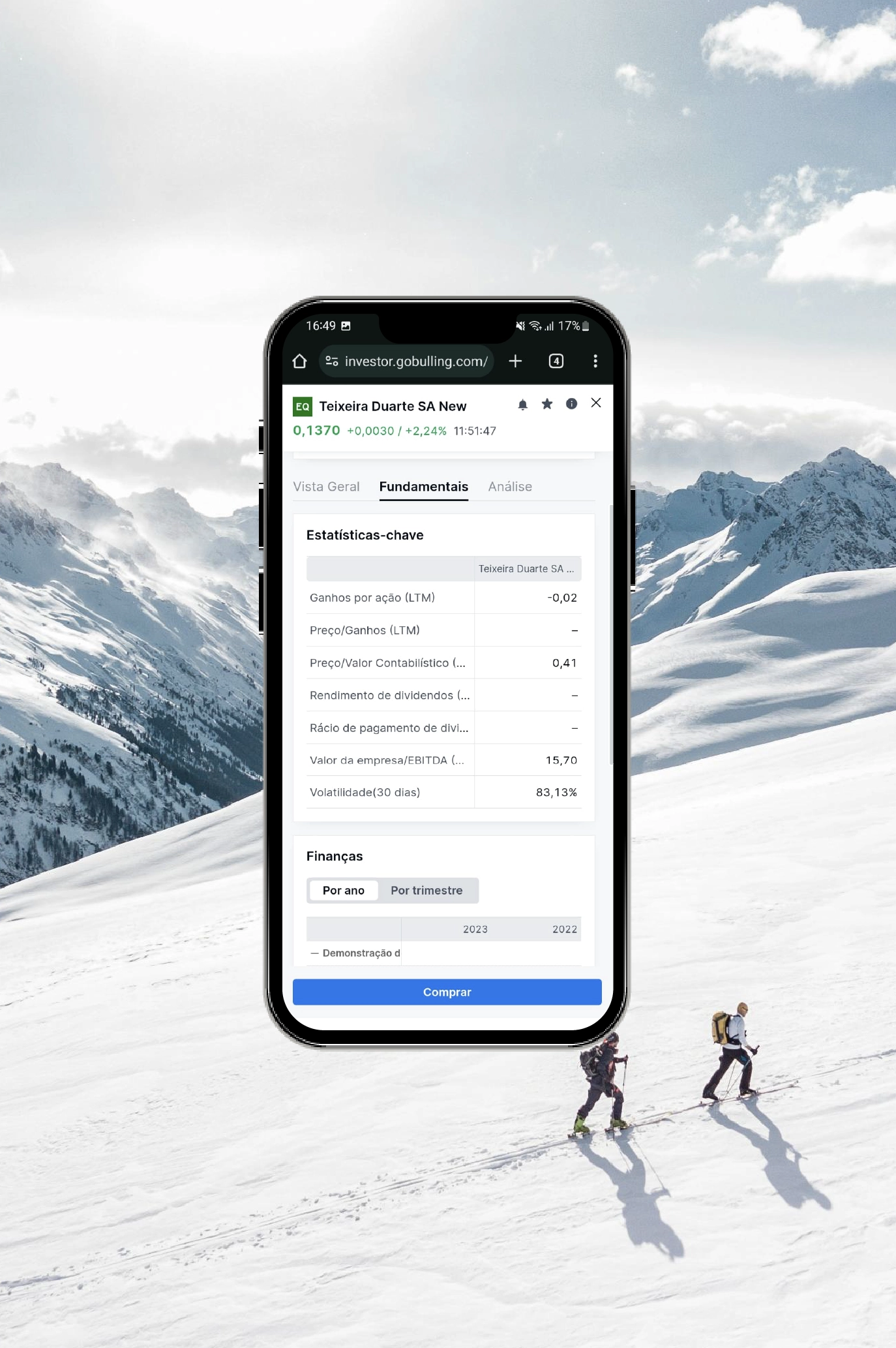Tela de um smartphone mostrando detalhes da ação "Teixeira Duarte SA New" no site da GoBulling. Exibe estatísticas-chave como ganhos por ação, preço/ganhos, volatilidade, entre outros dados financeiros. O fundo da imagem é uma paisagem de montanha coberta de neve com duas pessoas caminhando.