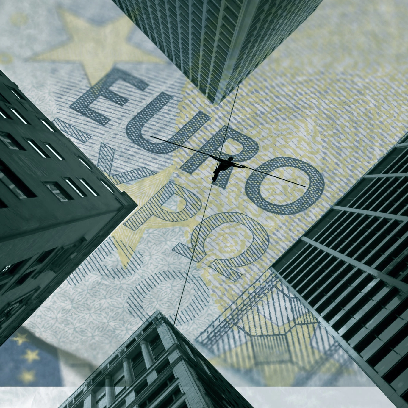Vista de cima de quatro prédios elevados com sobreposição de uma nota euro no céu