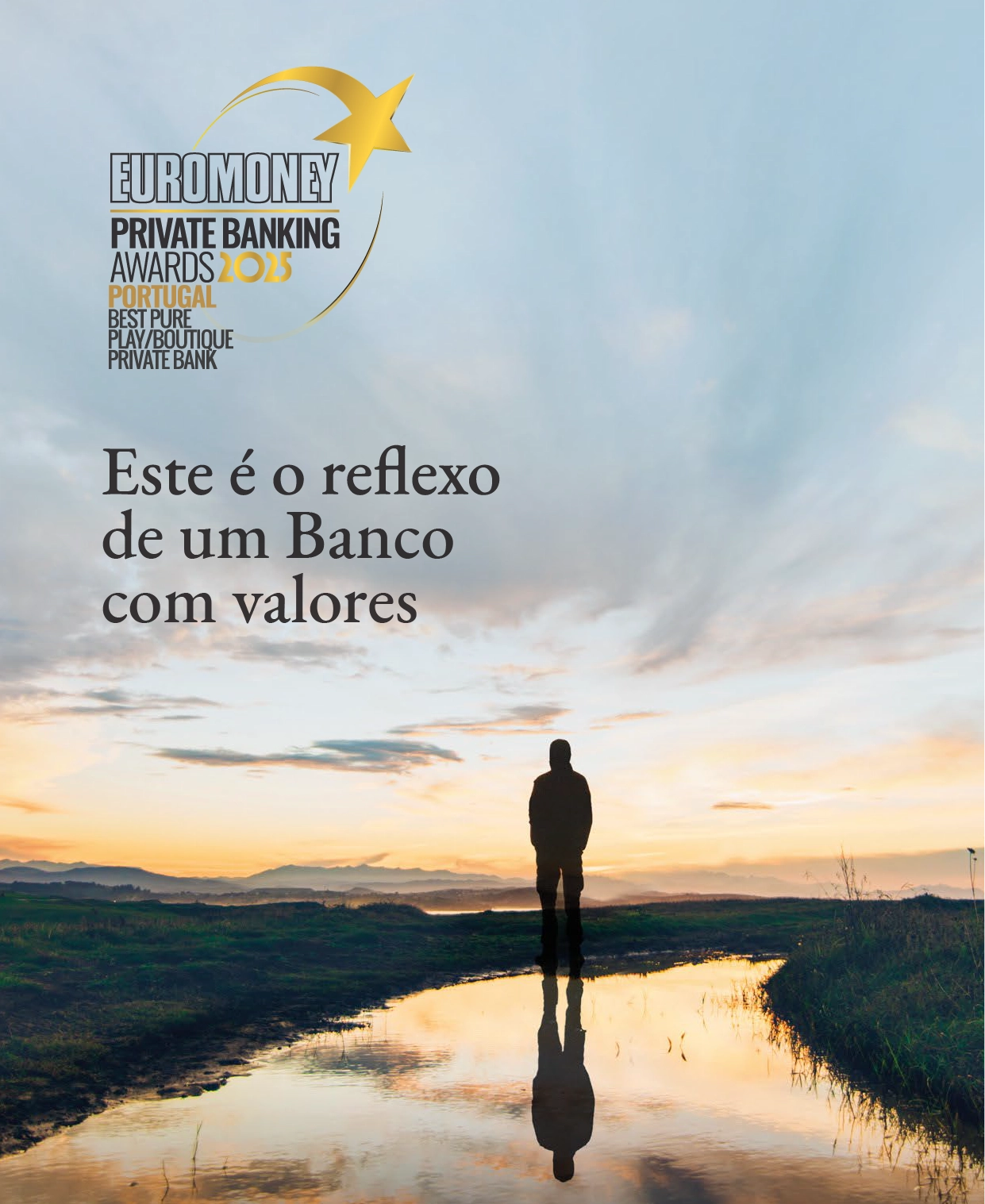 Image representing the award of the Euromoney Private Banking Awards 2025 to Banco Carregosa. In the background is a man looking at the horizon at the end of the afternoon.