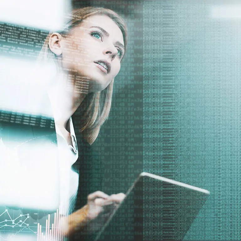 Formally dressed woman analyzing numbers and sequences, representing the specialized content provided by Banco Carregosa