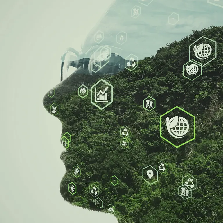 Profile of a person with overlay of a forest and icons alluding to sustainability